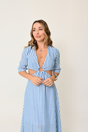 Vestido Longo Listrado com Argola Dourada - Estilo Sofisticado e Confortável