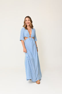 Vestido Longo Listrado com Argola Dourada - Estilo Sofisticado e Confortável