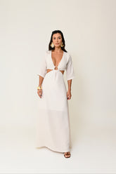 Vestido Longo Listrado com Argola Dourada - Estilo Sofisticado e Confortável