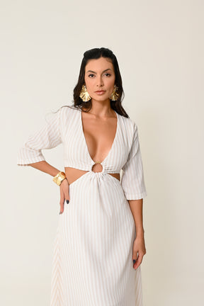 Vestido Longo Listrado com Argola Dourada - Estilo Sofisticado e Confortável