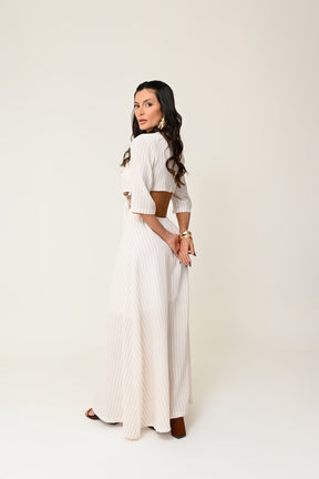 Vestido Longo Listrado com Argola Dourada - Estilo Sofisticado e Confortável