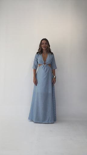 Vestido Longo Listrado com Argola Dourada - Estilo Sofisticado e Confortável